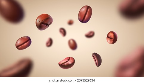 Realistic background with falling roasted coffee bean with blur effect. Flying espresso seed. Coffee grains burst for cafe ad vector design. Banner with coffee bean realistic