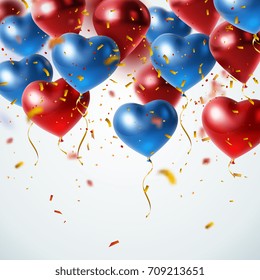 Realistic background with flying glossy blue and red holiday balloons vector illustration