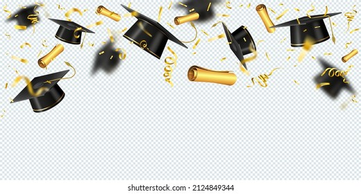 Realistic background with flying graduation caps, gold confetti and diploma. School or university students graduate ceremony vector banner. Graduation realistic success ceremon illustration