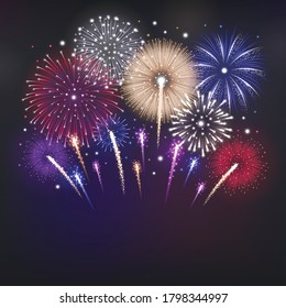 Realistic background with glowing colorful fireworks on dark sky vector illustration