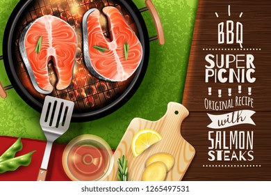 Realistic background with grilled salmon steak vector illustration