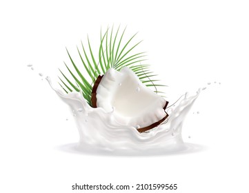 Antecedentes realistas con medio coco en salpicaduras de leche e ilustración vectorial de hojas tropicales