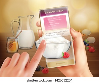 Realistic background with hands holding smartphone and using augmented reality application while cooking pancakes vector illustration