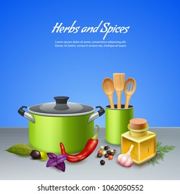 Realistic background with herbs spices and different utensils vector illustration