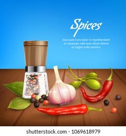 Realistic background with herbs and spices such as garlic pepper olives chili bay leaf peppercorn vector illustration