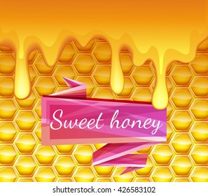 Realistic background with honeycombs and honey dripping. High-quality graphics.