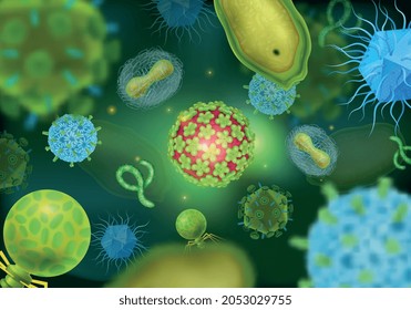 Antecedentes realistas con vistas microscópicas de diversas células de virus coloridas ilustraciones vectoriales