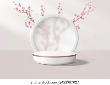 Realistic background with a podium in pastel pink colors. Round platform with frosted glass and flowers in the background to display your products. Vector illustration.