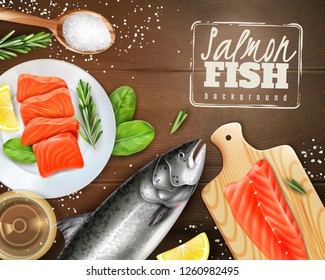 Realistic background with raw salmon with different herbs on wooden table vector illustration