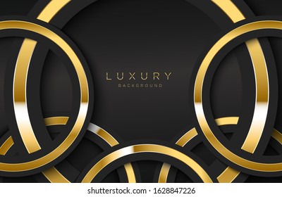 Realistic background with shiny gold ring shape. Vector golden circle shape on black surface Graphic design element. Luxurious Elegant template