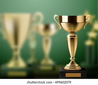 Realistic background with shiny golden trophy awards cups vector illustration