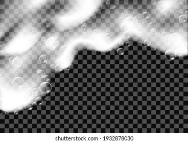 Realistic background with Soap foam. Bath laundry white bubbles, shampoo soap clean bubbling shiny washing hygiene detergent vector. Checkered transparent background
