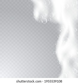 Realistic background with Soap foam. Bath laundry white bubbles, shampoo soap clean bubbling shiny washing hygiene detergent vector. Checkered transparent background
