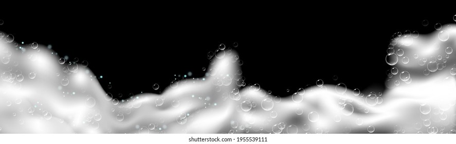 Realistic background with Soap foam. Bath laundry white bubbles, shampoo soap clean bubbling shiny washing hygiene detergent vector. Black background