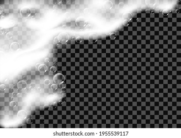 Realistic background with Soap foam. Bath laundry white bubbles, shampoo soap clean bubbling shiny washing hygiene detergent vector. Checkered transparent background