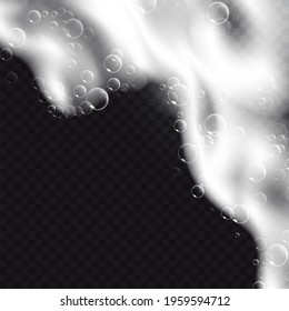 Realistic background with Soap foam. Bath laundry white bubbles, shampoo soap clean bubbling shiny washing hygiene detergent vector. Checkered transparent background