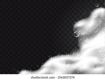 Realistic background with Soap foam. Bath laundry white bubbles, shampoo soap clean bubbling shiny washing hygiene detergent vector. Checkered transparent background