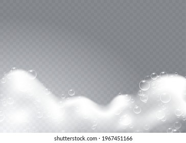 Realistic background with Soap foam. Bath laundry white bubbles, shampoo soap clean bubbling shiny washing hygiene detergent vector. Checkered transparent background