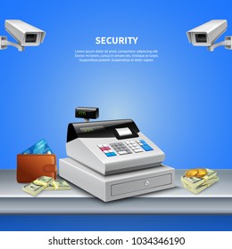 Realistic Background With Two Surveillance Cameras Cash Register Banknotes And Coins Vector Illustration