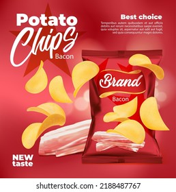 Realistic bacon flavored potato chips snack food package. Falling chips with red bag. Crunchy and crispy potato chips foil packet or container, salty snack in red package. Advertising vector poster