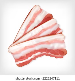 Realistic bacon slices. 3d vector meat. Pork belly illustration.