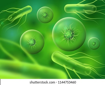 Realistic bacteria and cells. Green microscopic biology viruses or micro nature organisms. Abstract microorganism biological cell realistic ebola and influenza virus 3D background vector concept