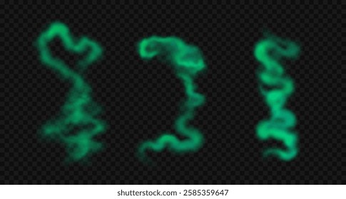 Realistic bad smelling green smoke in different shapes. Vector image of toxic wavy steam, fog, haze isolated on black transparent background