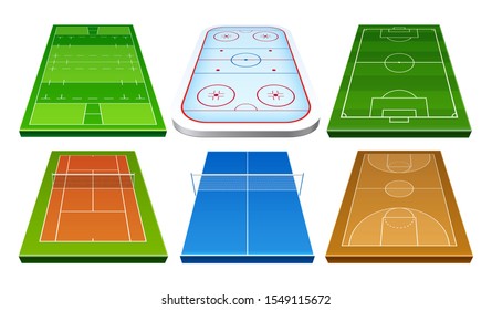Realistic badminton, ice hockey, rugby, soccer football and basket ball playground isometric icon set. Vector sport court for competition design.