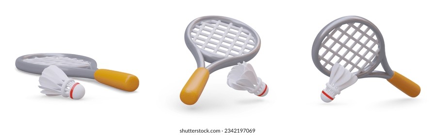 La raqueta de bádminton realista, el autobús. Conjunto de imágenes vectoriales. Isolación de ilustraciones de color detalladas. Deporte de parejas. Formación en la naturaleza. Iconos para sitios deportivos, aplicaciones, tiendas