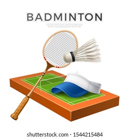 Realistic badminton racquet with shuttlecock and tennis cap on playground. Vector badminton ball with feather and racket. Athletic lifestyle, sport design.