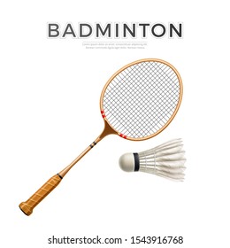 Realistic badminton racquet with shuttlecock white mockup. Vector badminton ball with feather and rocket. Athletic lifestyle, sport design.