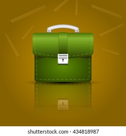 Realistic bag briefcase green leather. Business background.
