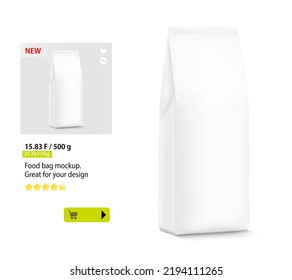 Realistic bag mockup isolated on white background. Suite for the presentation of coffee, food, for pets, household, etc. Perfect for promoting your product in any size. EPS10.	