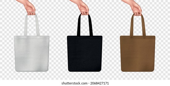 Realistic bag mockup transparent icon set three rag bags in hand in white black and brown colors vector illustration