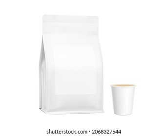 Realistic bag mockups with cup isolated on white background. Perspective view. Vector illustration. Can be use for your design, presentation, promo, ad. EPS 10.	