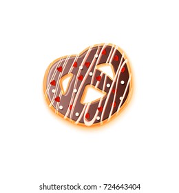 Realistic baked cookie, topped with hearts and dots with lines made of caramel, represented on vector illustration isolated on white