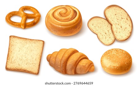 Realistic bakery product. 3d pastry food, pretzel sourdough bread french croissant bun wheat products cereal snacks handmade cooking baking isolated set garish vector illustration