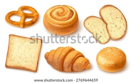 Realistic bakery product. 3d pastry food, pretzel sourdough bread french croissant bun wheat products cereal snacks handmade cooking baking isolated set garish vector illustration