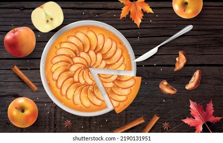 Realistic baking apple pie composition with top view of served cake with triangle slice and topping vector illustration