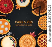 Realistic baking cakes pies composition with circle frame of sweets from top angle and editable text vector illustration