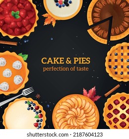 Realistic baking cakes pies composition with circle frame of sweets from top angle and editable text vector illustration