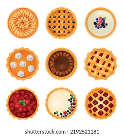 Realistic baking cakes pies set with top view images of confectionery products buns with various toppings vector illustration