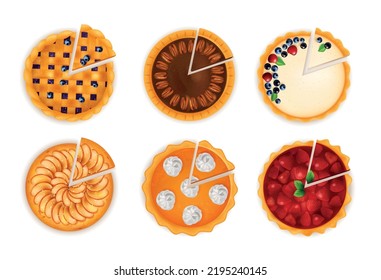 Realistic baking cakes pies set of top view images with circle sweets with different topping flavor vector illustration