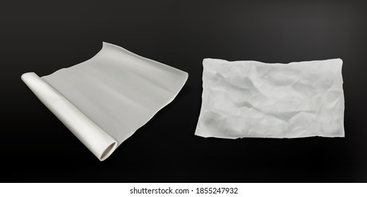 Realistic Baking Paper, Greaseproof Parchment Scroll For Cooking, White Crumpled Sheet Texture And Unfolded New Roll Top View. Bakery Kitchenware Isolated On Black Background 3d Vector Illustration