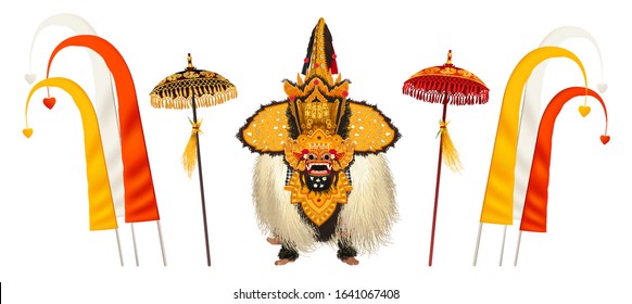 Realistic Balinese Barong god performance figure with traditional ceremonial umbrellas and flags decoration,  vector illustration isolated on white background