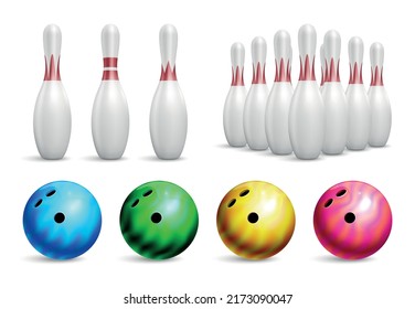 Realistic ball bowling icon set pins in groups and individually different colors and weights billiard balls vector illustration