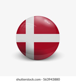 Realistic ball with flag of Denmark. Sphere with a reflection of the incident light with shadow.