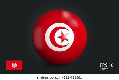 Realistic ball with flag of Tunisia. Sphere with a reflection of the incident light with shadow.