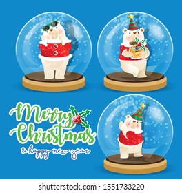 Realistic ball for gifts. Merry Christmas and Happy New Year. Snow and glass christmas decoration with a bear. Illustration can be used for holiday design, cards, invitations and banners. 