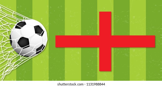 A realistic ball hits the gate on a green background with england flag